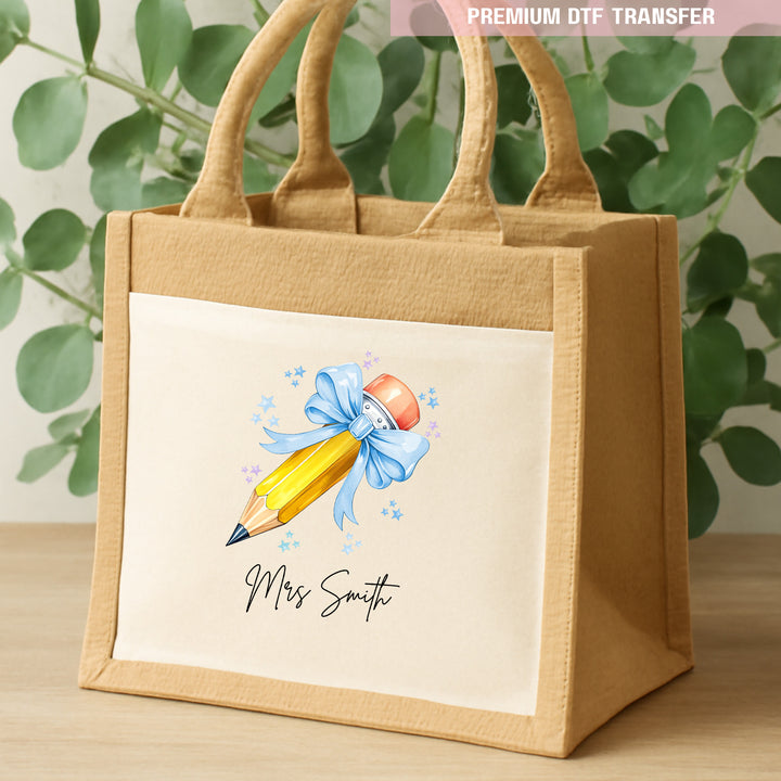 Personalised Name Teacher - Blue Pencil DTF Transfer Ready to Press