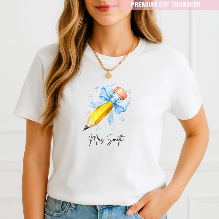 Personalised Name Teacher - Blue Pencil DTF Transfer Ready to Press