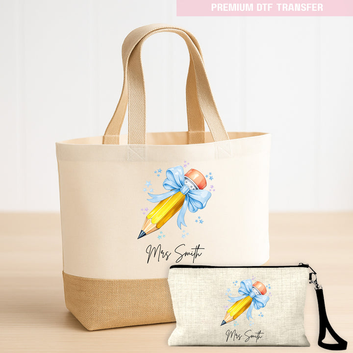Personalised Name Teacher - Blue Pencil DTF Transfer Ready to Press