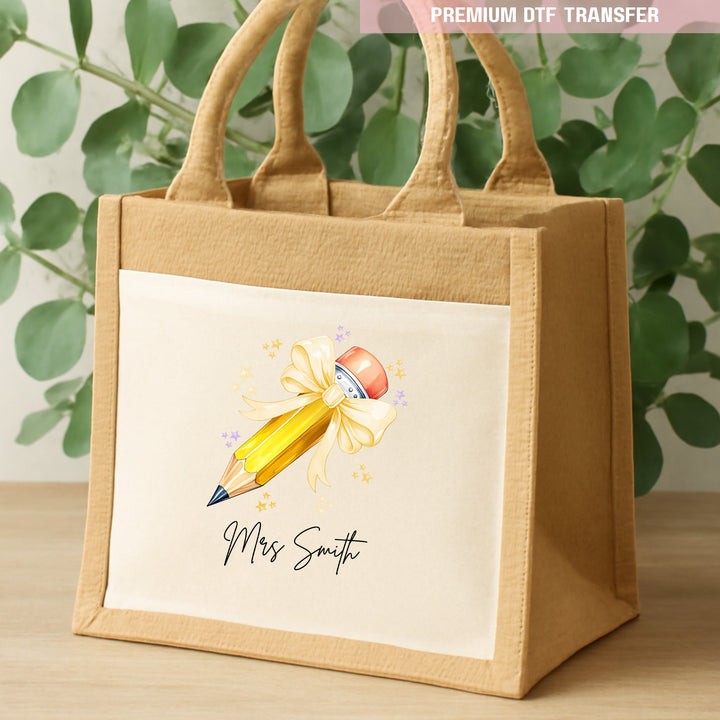 Personalised Name Teacher - Yellow Pencil DTF Transfer Ready to Press
