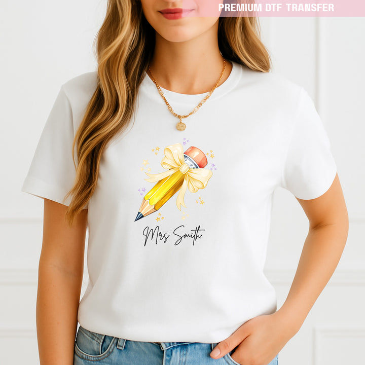 Personalised Name Teacher - Yellow Pencil DTF Transfer Ready to Press