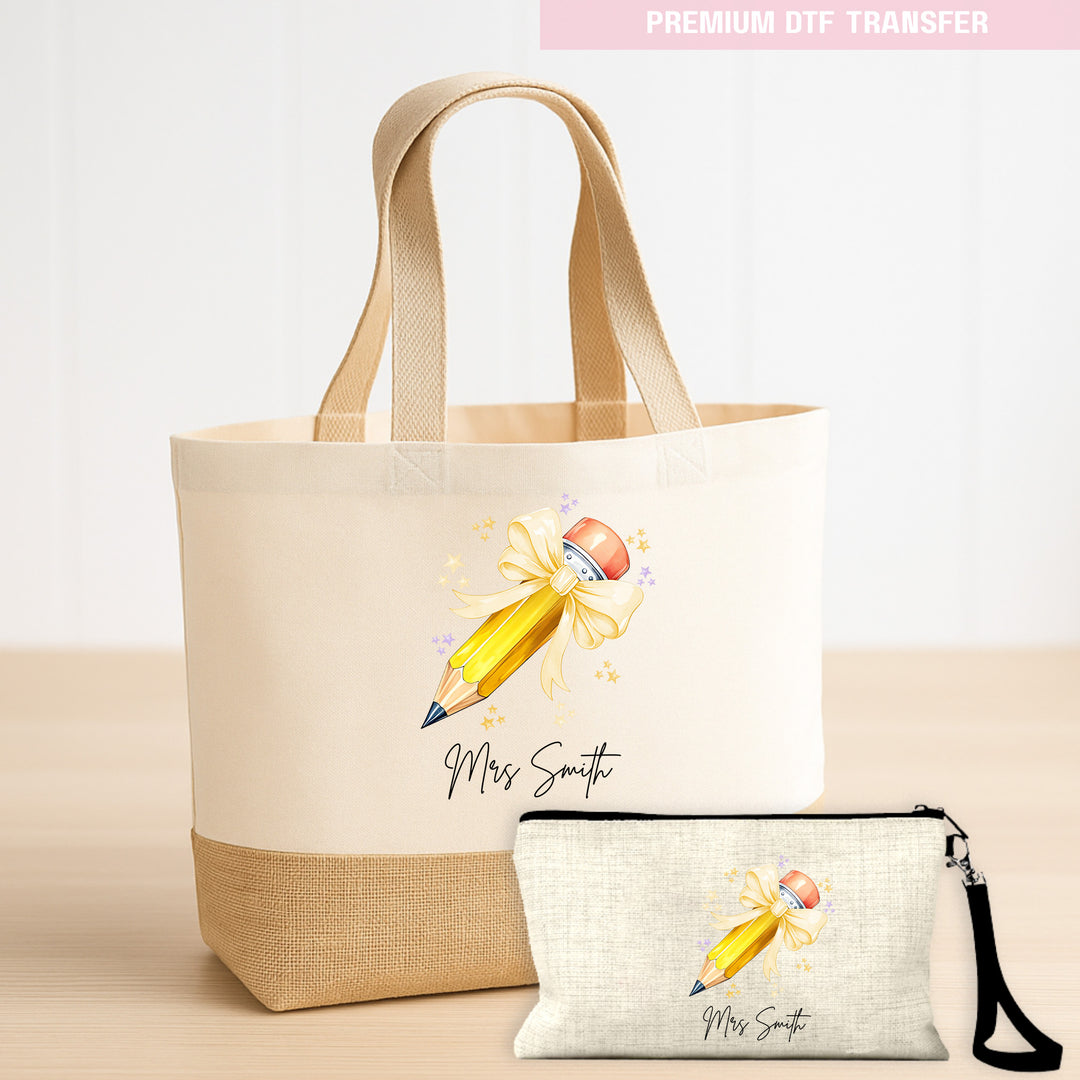 Personalised Name Teacher - Yellow Pencil DTF Transfer Ready to Press