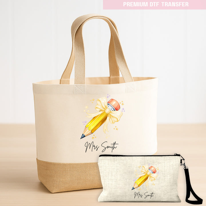 Personalised Name Teacher - Yellow Pencil DTF Transfer Ready to Press