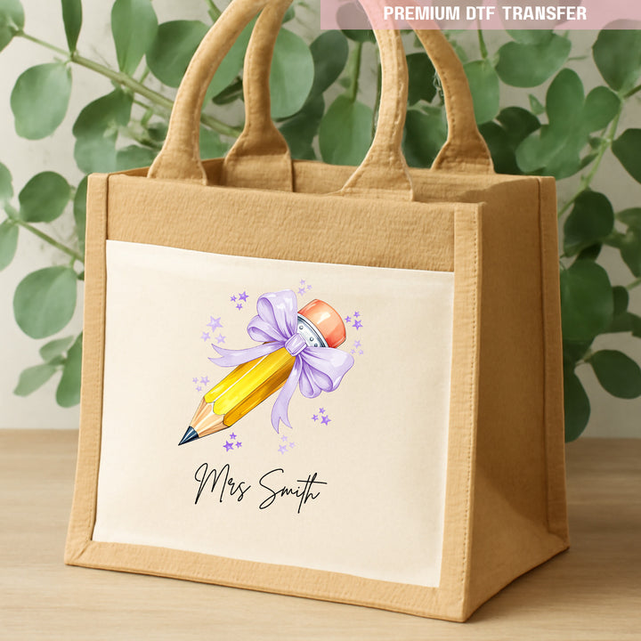 Personalised Name Teacher - Purple Lilac Pencil DTF Transfer Ready to Press