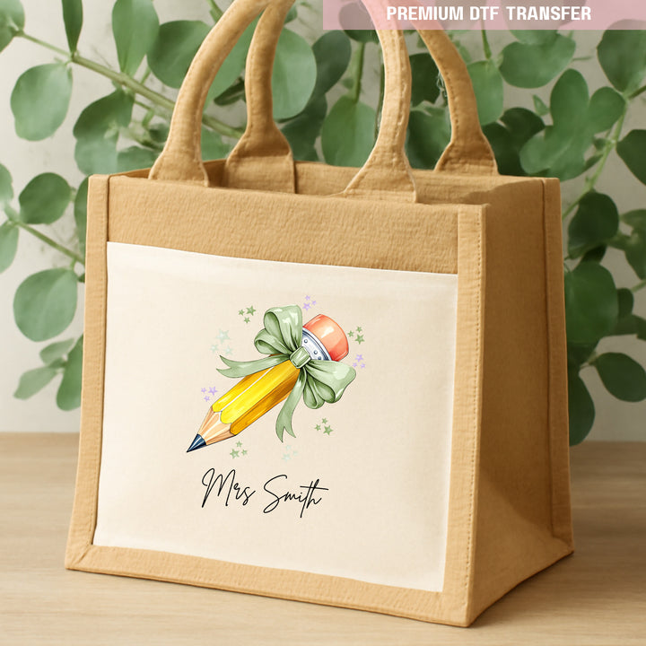 Personalised Name Teacher - Sage Green Pencil DTF Transfer Ready to Press