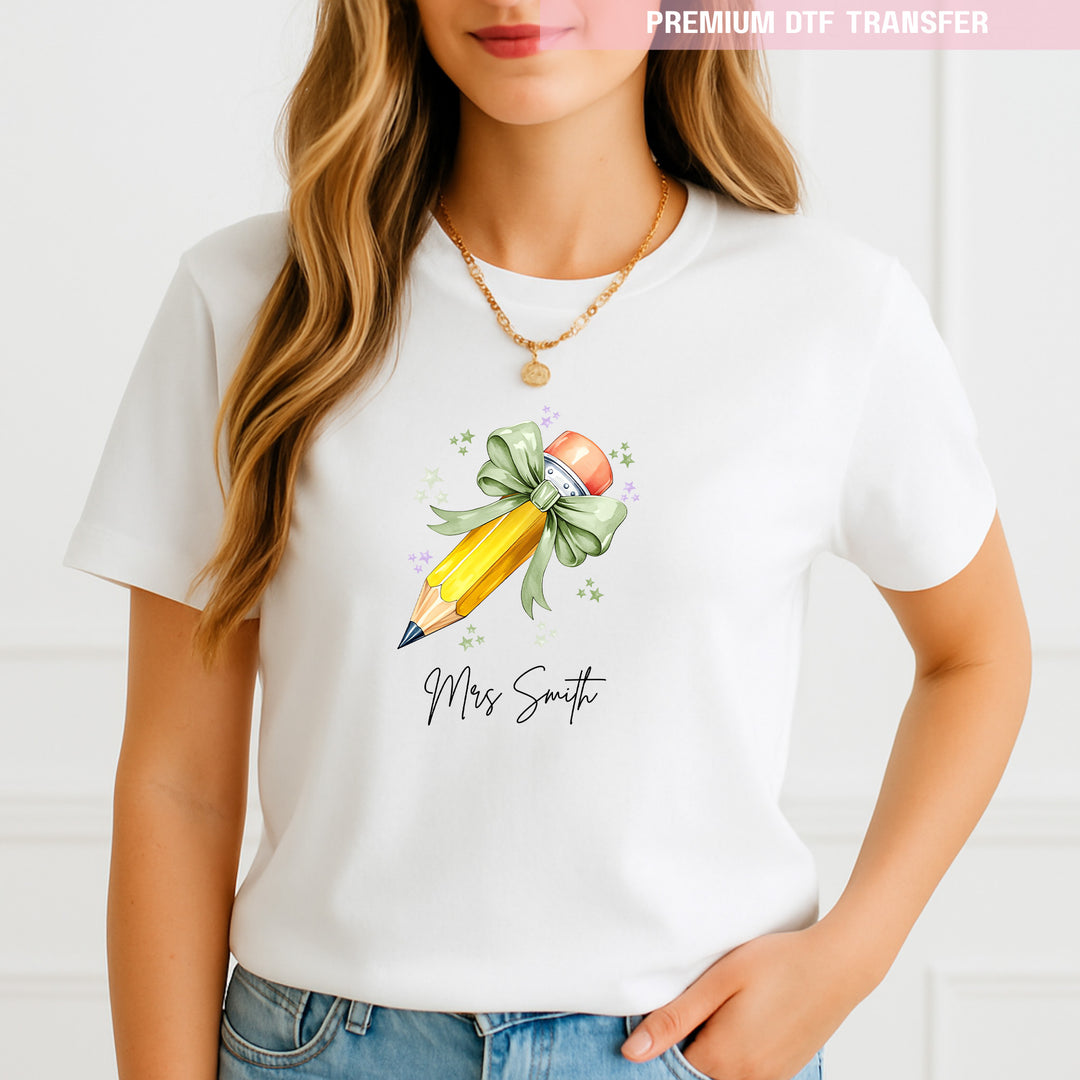 Personalised Name Teacher - Sage Green Pencil DTF Transfer Ready to Press