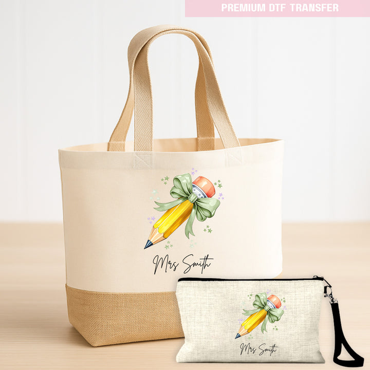 Personalised Name Teacher - Sage Green Pencil DTF Transfer Ready to Press