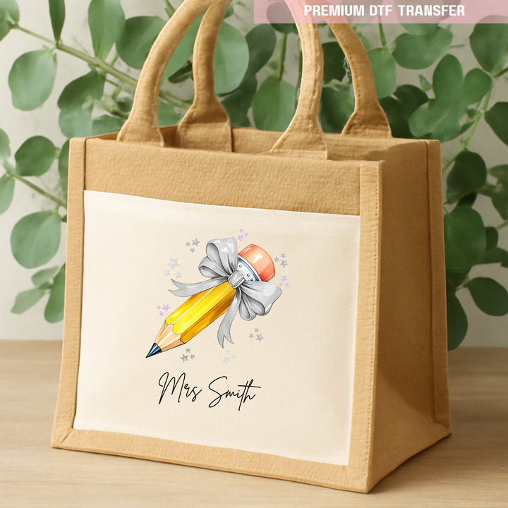 Personalised Name Teacher - Light Grey Pencil DTF Transfer Ready to Press