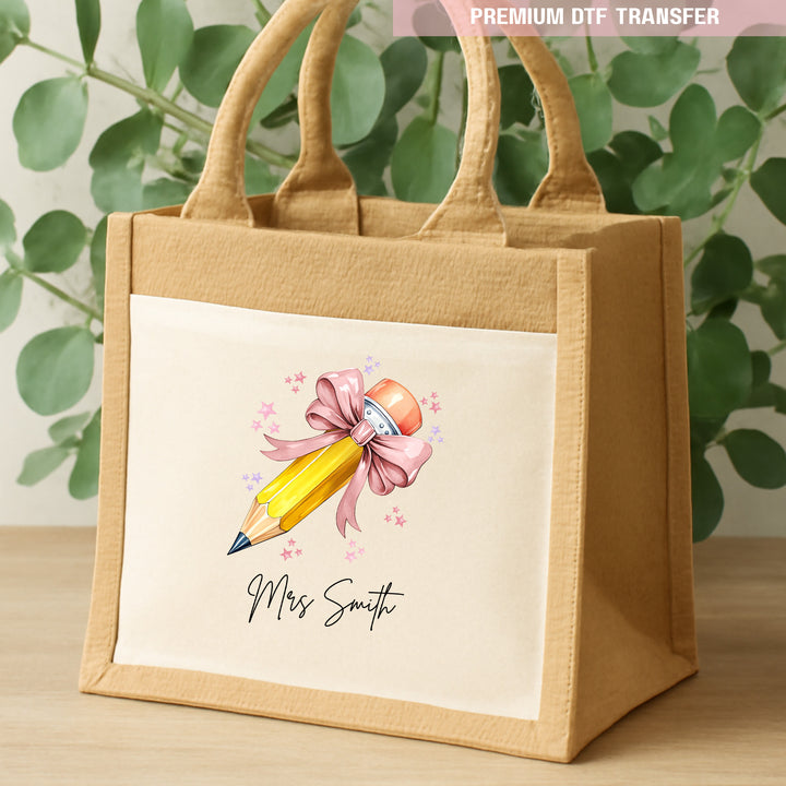 Personalised Name Teacher - Dusky Rose Pencil DTF Transfer Ready to Press