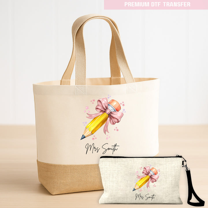 Personalised Name Teacher - Dusky Rose Pencil DTF Transfer Ready to Press