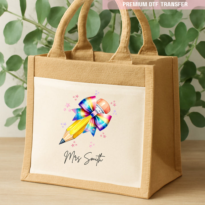 Personalised Name Teacher - Rainbow Pencil DTF Transfer Ready to Press