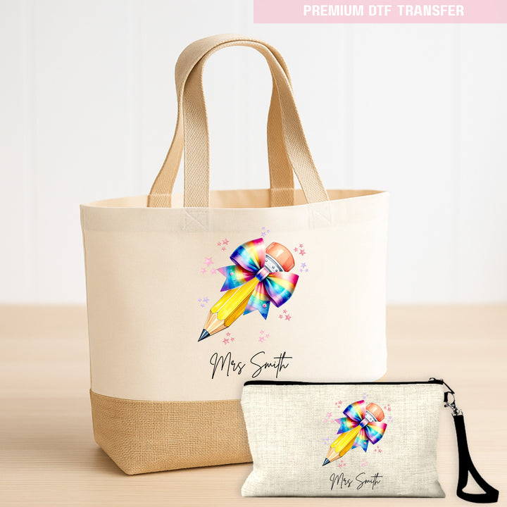 Personalised Name Teacher - Rainbow Pencil DTF Transfer Ready to Press