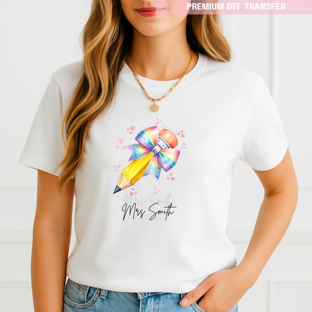 Personalised Teacher's Name - Colorful Pastel Pencils - DTF transfer ready to press