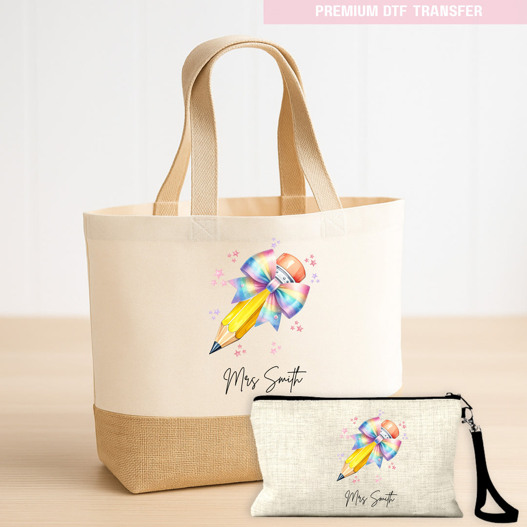 Personalised Teacher's Name - Colorful Pastel Pencils - DTF transfer ready to press