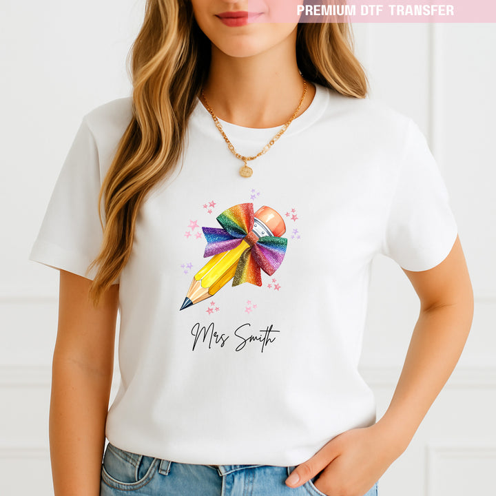 Personalised Teacher's Name - Colorful Pencil - DTF transfer ready to press