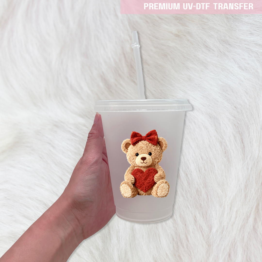 UV DTF decal - Bear heart - red bow - Valentine