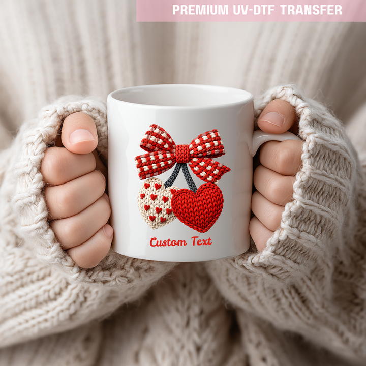 UV DTF decal - Two heart bow embroidery - red - Valentine