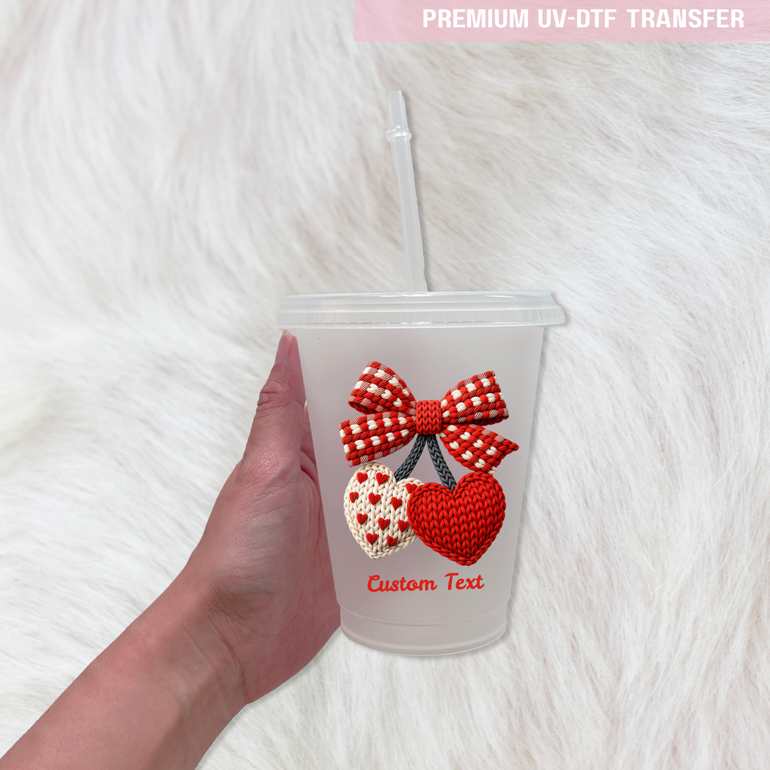 UV DTF decal - Two heart bow embroidery - red - Valentine