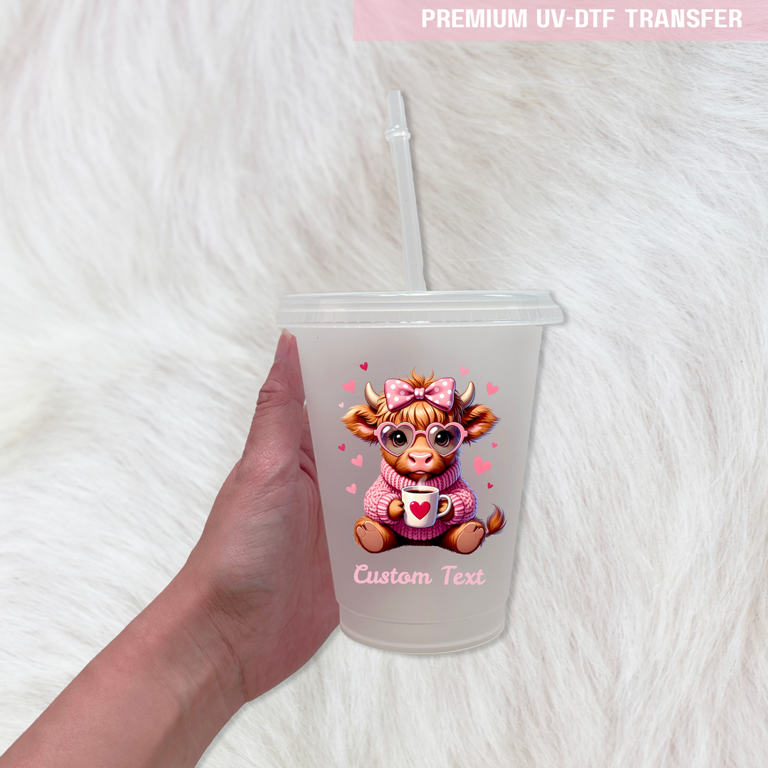 UV DTF decal - Highland cow moo - pink - Valentine