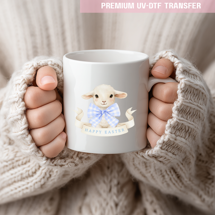 UV DTF decal - lamb gingham bow - blue - Easter - DTF ready to press