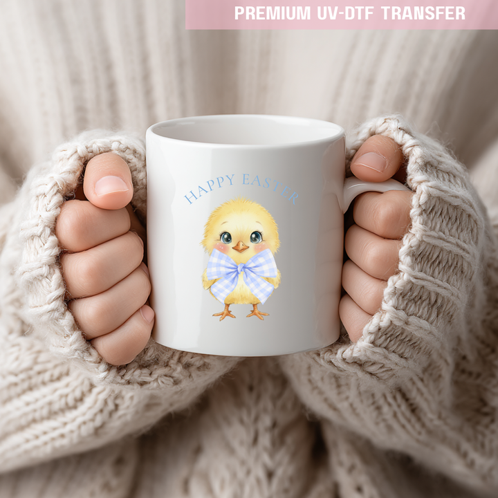 UV DTF decal - little chick gingham bow - blue - Easter - DTF ready to press