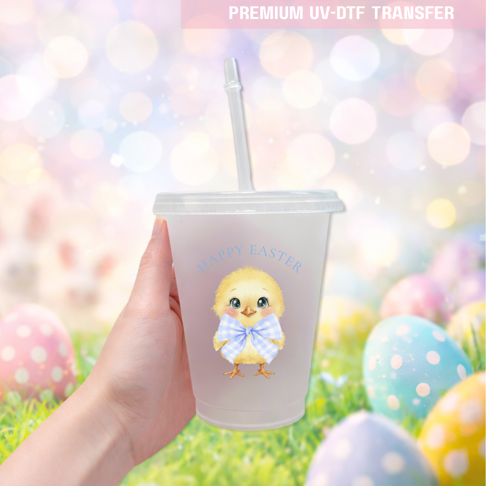UV DTF decal - little chick gingham bow - blue - Easter - DTF ready to press