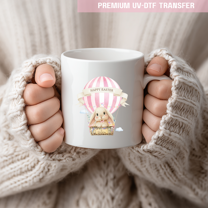 UV DTF decal - bunny hot balloon - pink - Easter - DTF ready to press