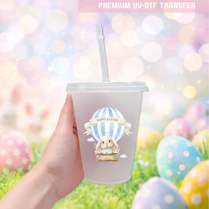 UV DTF decal - white bunny hot balloon - blue - Easter - DTF ready to press