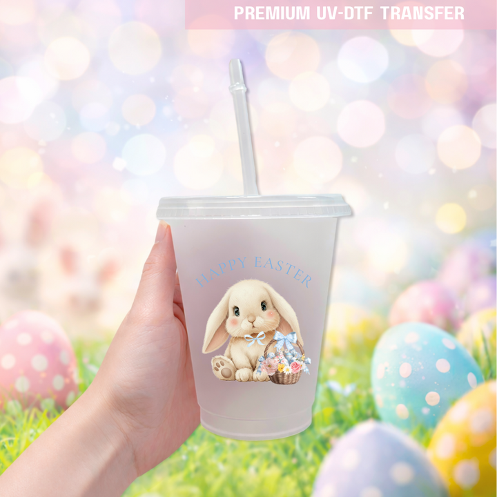 UV DTF decal - cute bunny & basket - blue - Easter - DTF ready to press