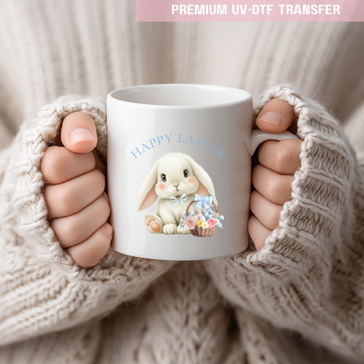 UV DTF decal - white cute bunny & basket - blue - Easter - DTF ready to press