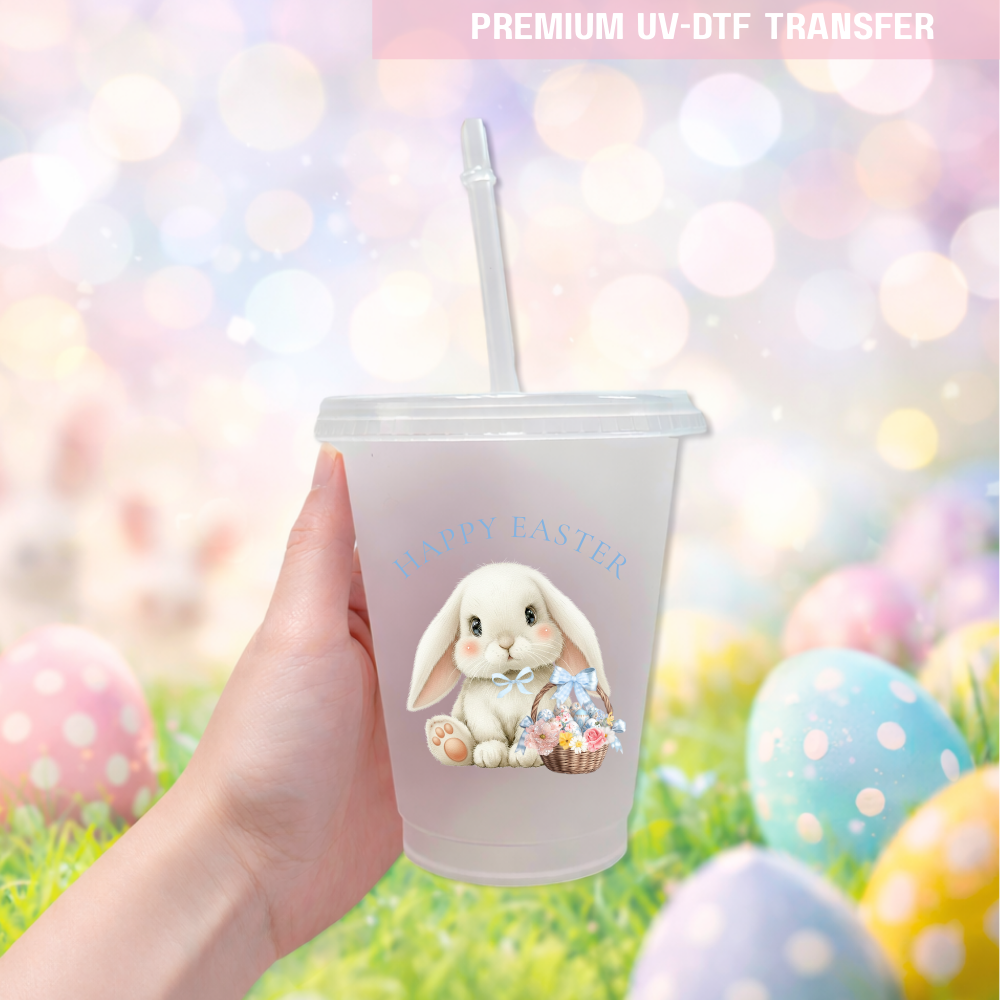 UV DTF decal - white cute bunny & basket - blue - Easter - DTF ready to press