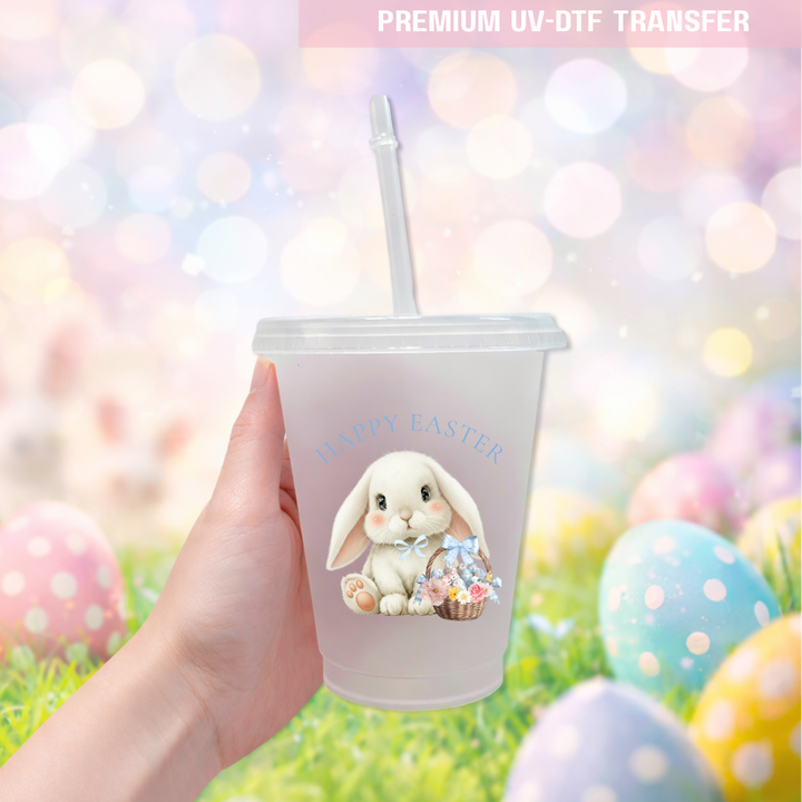 UV DTF decal - white cute bunny & basket - blue - Easter - DTF ready to press
