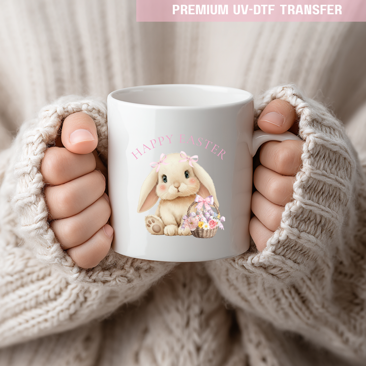 UV DTF decal - cute bunny & basket - pink - Easter - DTF ready to press
