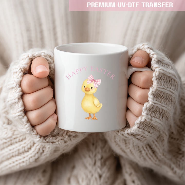 UV DTF decal - little ducking gingham bow - pink - Easter - DTF ready to press