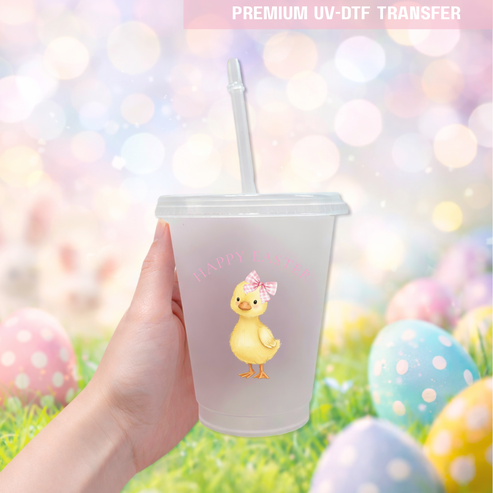 UV DTF decal - little ducking gingham bow - pink - Easter - DTF ready to press