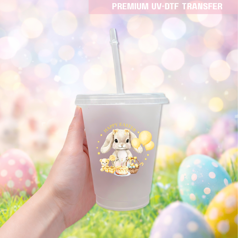UV DTF decal - bunny rabbit and balloon - yellow - Easter - DTF ready to press