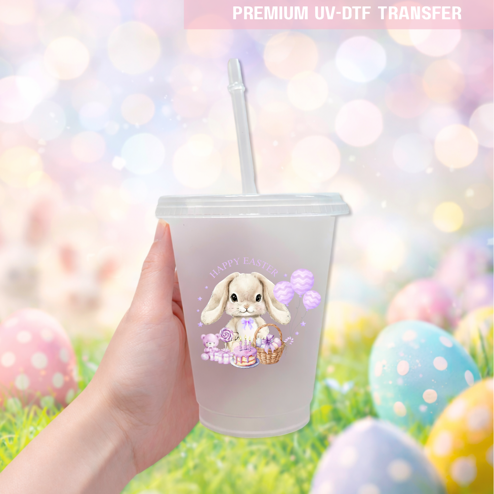 UV DTF decal - bunny rabbit and balloon - lilac - Easter - DTF ready to press