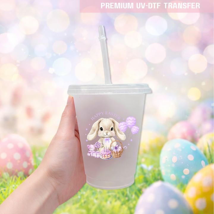 UV DTF decal - bunny rabbit and balloon - lilac - Easter - DTF ready to press