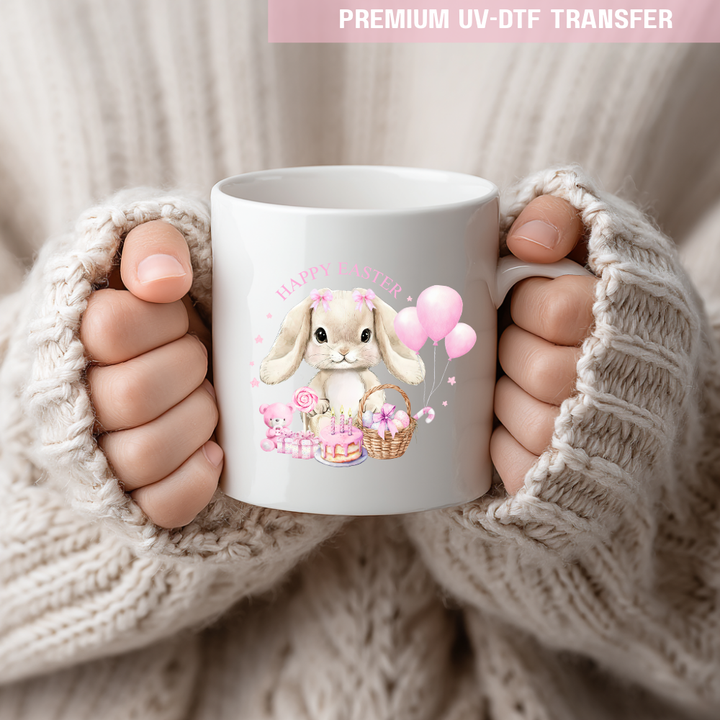 UV DTF decal - bunny rabbit and balloon - pink - Easter - DTF ready to press