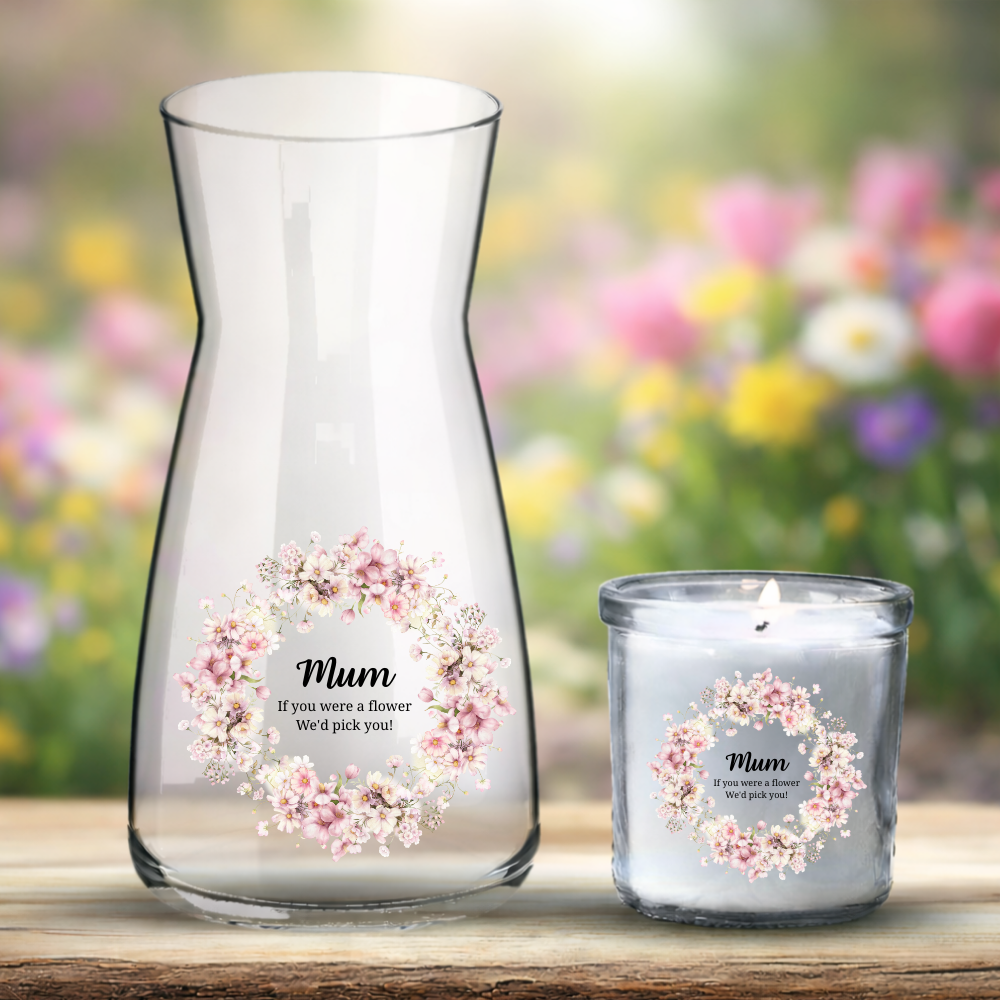 Mother's Day UV DTF decal - pink cosmos flowers wreath - Mum if you WERE FLOWERS I'D PICK YOU - Crafty Mood