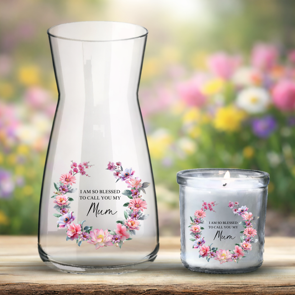 Mother's Day UV DTF decal - peach pink flowers wreath - Mum if you WERE FLOWERS I'D PICK YOU - Crafty Mood