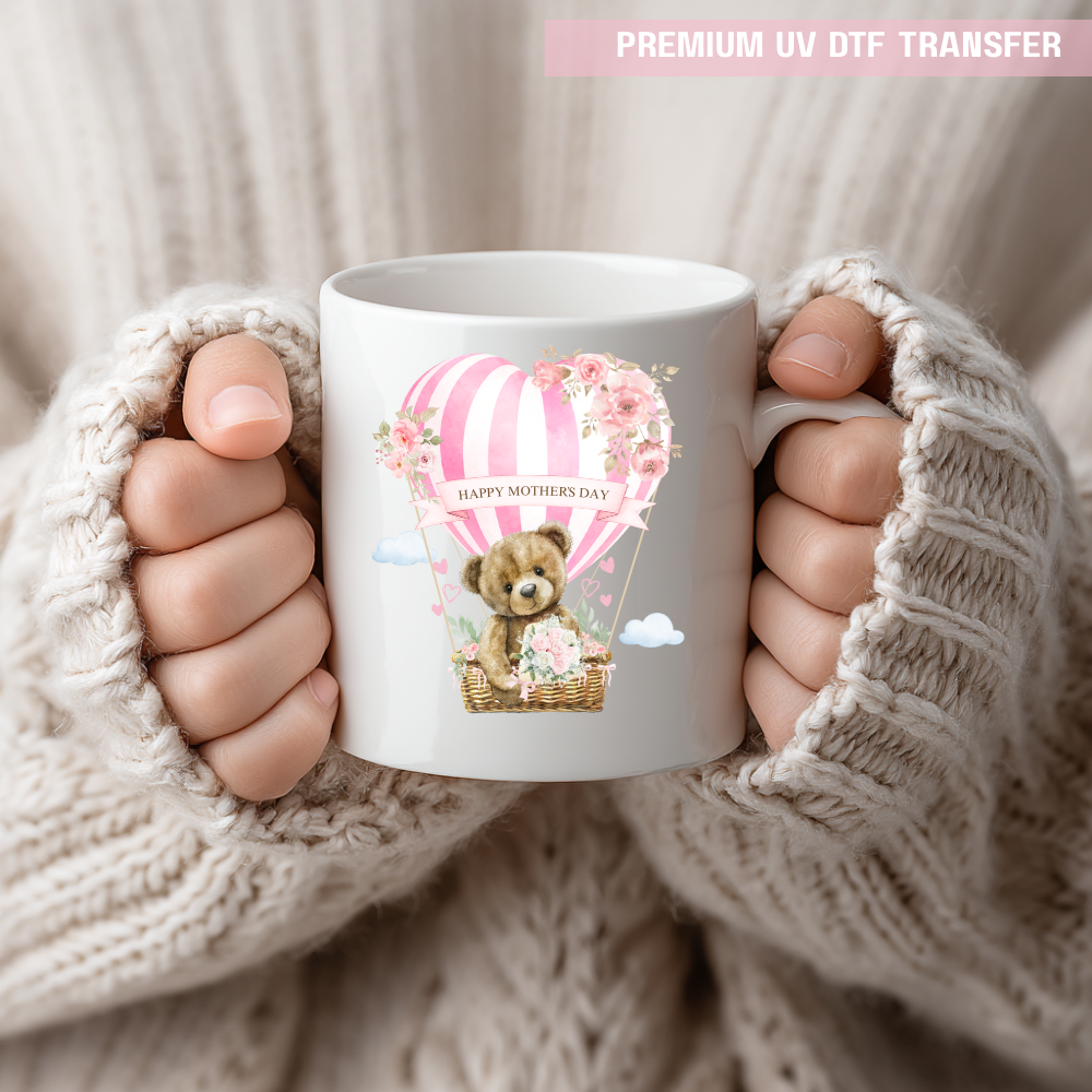 UV DTF decal - happy mothers day - pink heart balloon bear - Mothers day - Crafty Mood