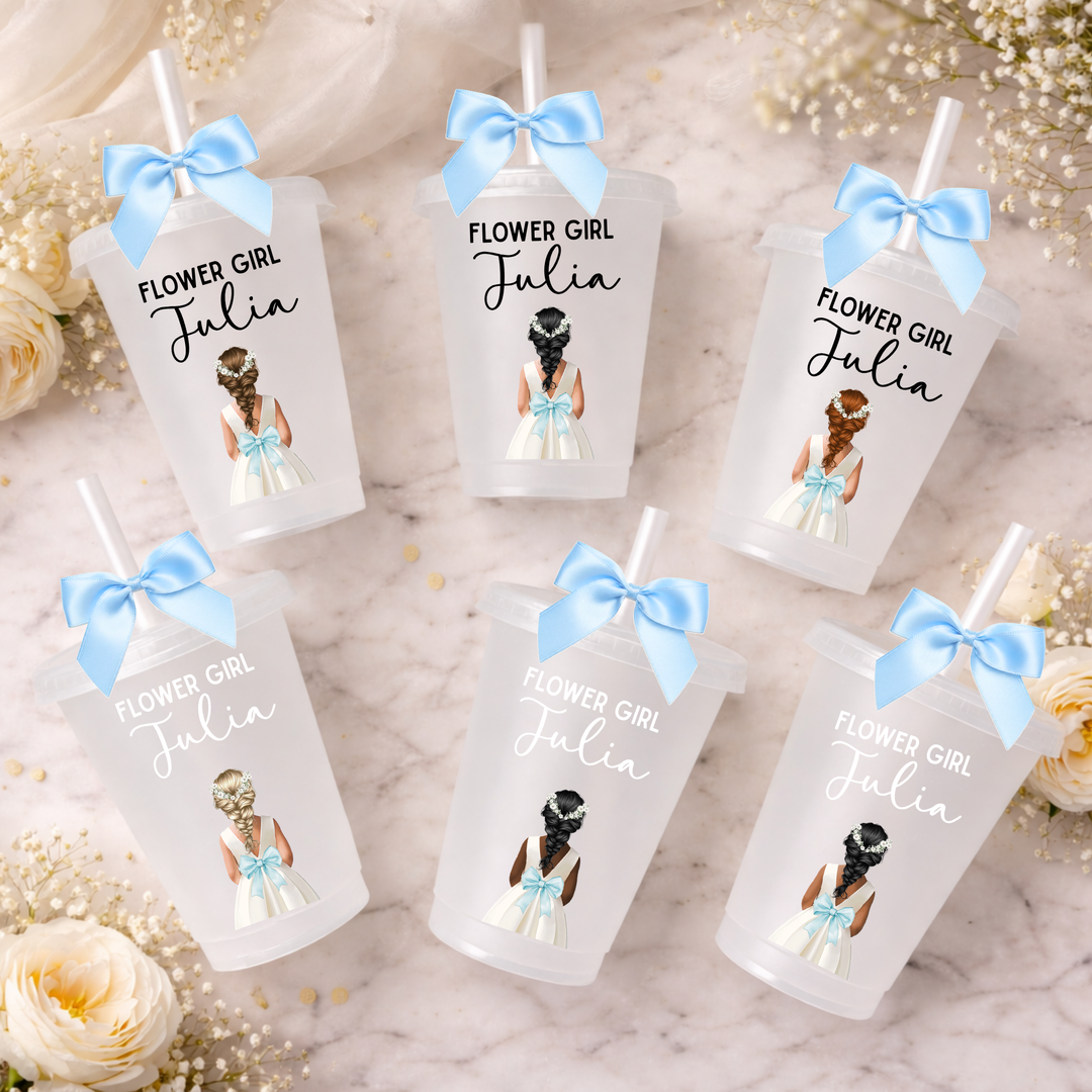 UV DTF decal - Flower girl - sky blue bow dress - loose braid hair