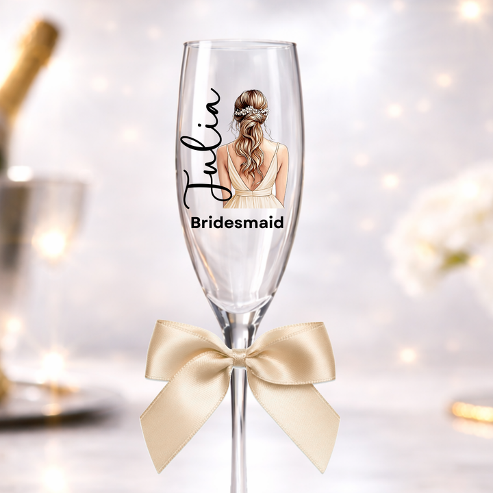 UV DTF decal - Bridesmaid - champagne - half bun hair