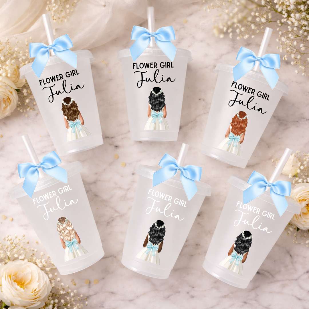 UV DTF decal - Flower girl - sky blue bow dress - loose hair