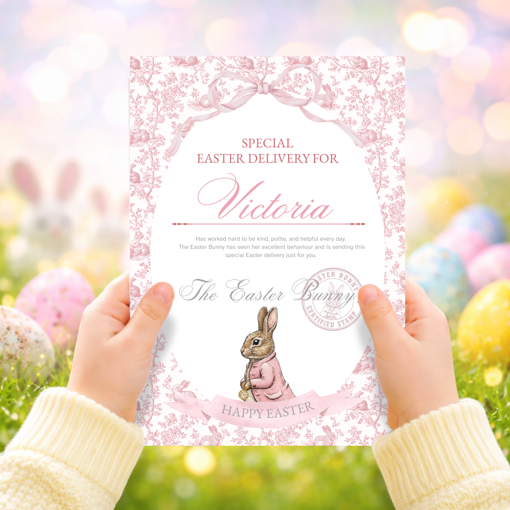 Printed range - A4 Easter Toile bunny rabbit pink special delivery certificate - Crafty Mood