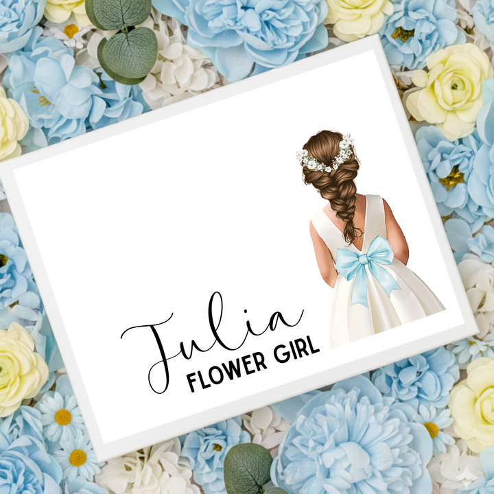 Sticker decal - Flower girl - blue ice bow dress - loose braid hair - for Magnetic topper box