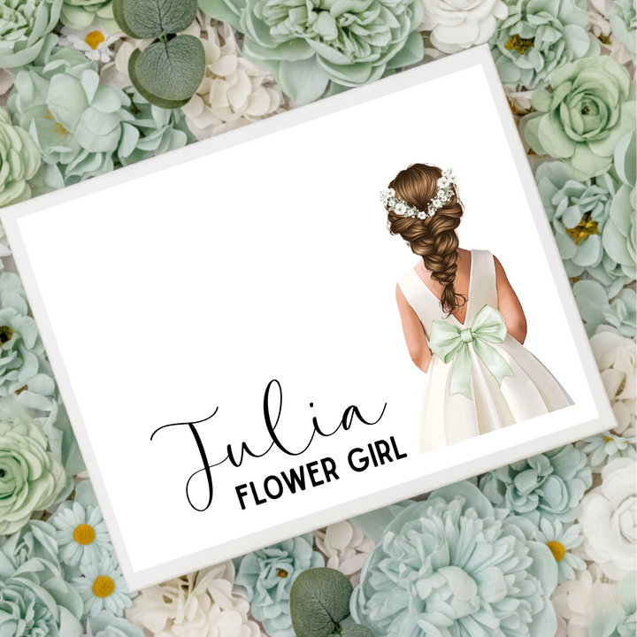 Sticker decal - Flower girl - sage green bow dress - loose braid hair - for Magnetic topper box