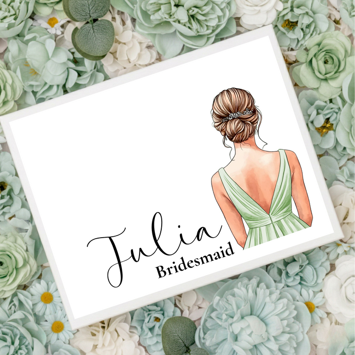 Sticker decal - Bridesmaid - sage green dress - bun hair - for Magnetic topper box