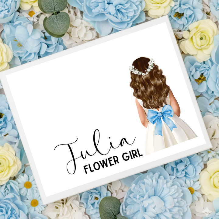 Sticker decal - Flower girl - blue bow dress - loose hair - for Magnetic topper box